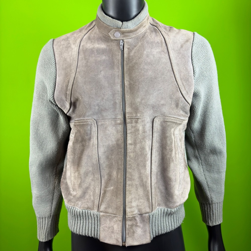 Vintage 80s Alvin Josef Suede Leather Knit Sleeve Bomber Jacket Gray Medium M - Picture 2 of 10